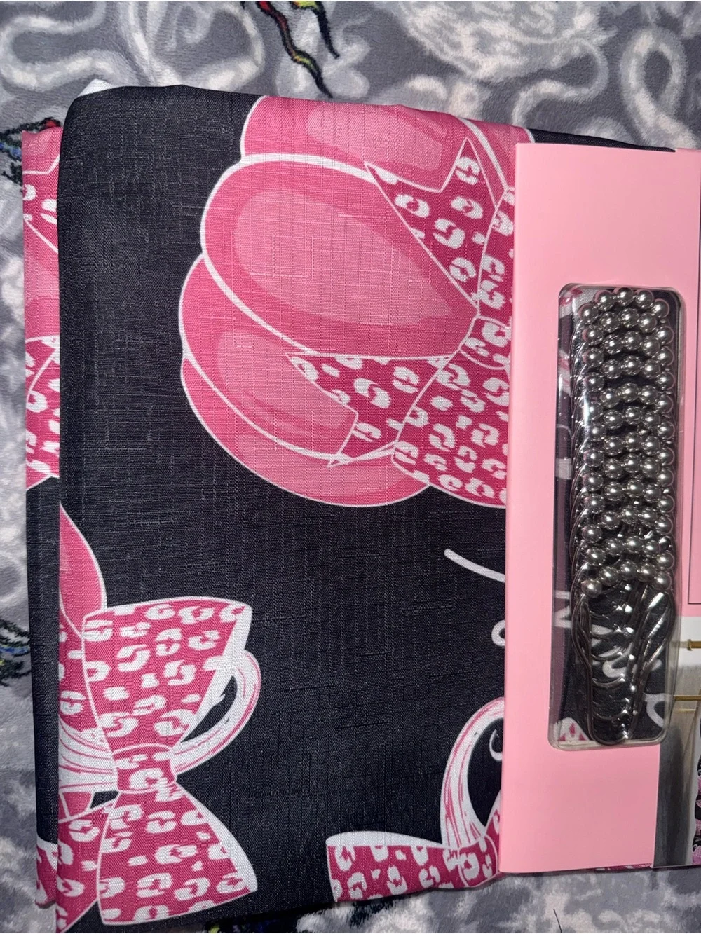 Juicy Couture Pink and Black Printed Shower Curtain with Bow Motif
